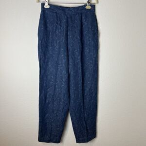 Talbots Vintage Linen Pants 10 Blue Brocade Floral Tapered Legs 212‎